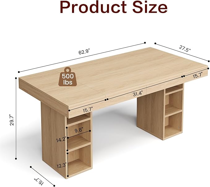 IDEALHOUSE 63”Executive Desk with Cabinet Storage, Farmhouse Home Office Desk, Wooden Computer Desk with Extra Thickened Tabletop & Metal Frame, for Work Study Writing, Oak