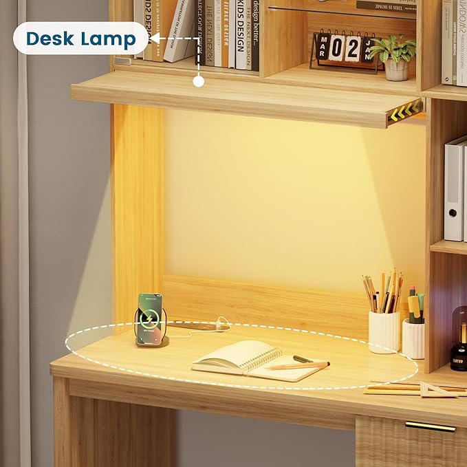 WOOVIVS Standing Desk with LED Light for Office Room, Smart Computer Desk with Hutch and Drawer for Game Room,Modern Study Table with 2AC Port Charging Station/Lamp/for Bedroom (Wood)
