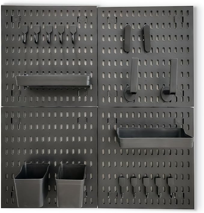 Black Pegboard Organizer Set with Hooks & Storage Boxes, Desk or Wall Peg Board Panels for Tools, Crafts, and Office Supplies – 4 Boards (30×30 cm Each)