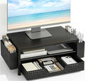 ECOLOVI Desk Organizer and Accessories, 2-Tier Computer Monitor Stand Rise with Storage Drawer & 2 Pen Holders, Laptop & Printer Stand for Desktop, Workspace Organizers for Office Supplies (Black Wood)