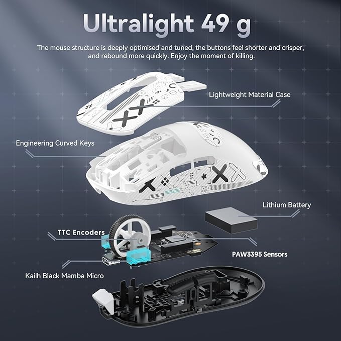 MAMBASNAKE Attack Shark X3 Wireless Gaming Mouse, 49g Ultralight, PixArt PAW3395 26000 DPI, Bluetooth/2.4Ghz /Wired Tri-Mode, 200Hrs Rechargeable Battery, Kailh GM8.0 Switch for PC/MAC/Win-White&Tape
