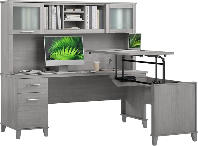 Bush Home Somerset 72W 3 Position Sit to Stand L Shaped Desk with Hutch in Platinum Gray | Adjustable Height Table for Office