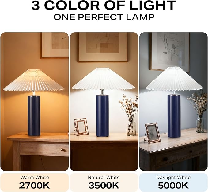 EOEYYOYB Ceramic Table Lamps for Bedroom Set of 2, Adjustable Shade Lamps for Night Stands, Modern Cylindrical Nightstand Table Lamps 5W E26 for Bedroom Bedside Buffet, Blue