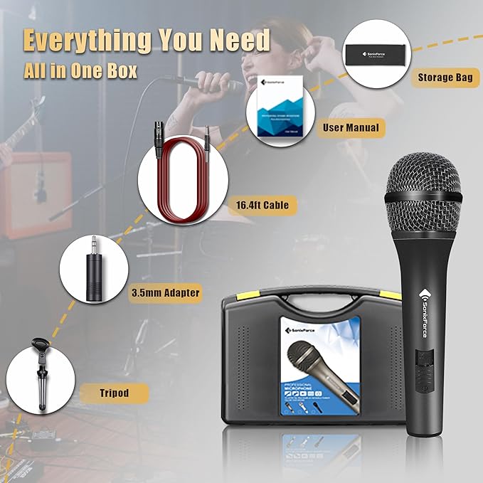 Professional Dynamic Microphone for Singing Karaoke Microphone with 16ft XLR to 1/4'' Audio Cable, Vocal Handheld Mic for Podcast Mixer Amplifier PA System