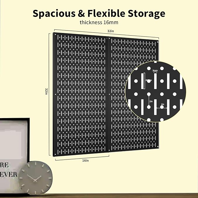 Garage Peg Board Organizer - 2-Pack 32" X 16" Black Heavy-Duty Metal Pegboard Panels, High-Capacity Wall Mount Peg Board for Tool Storage, Workshop, Kitchen, Garage & Office Organization