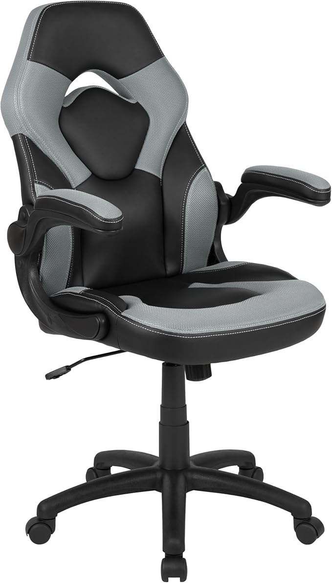 Flash Furniture Optis Black Gaming Desk and Gray/Black Racing Chair Set with Cup Holder, Headphone Hook & 2 Wire Management Holes