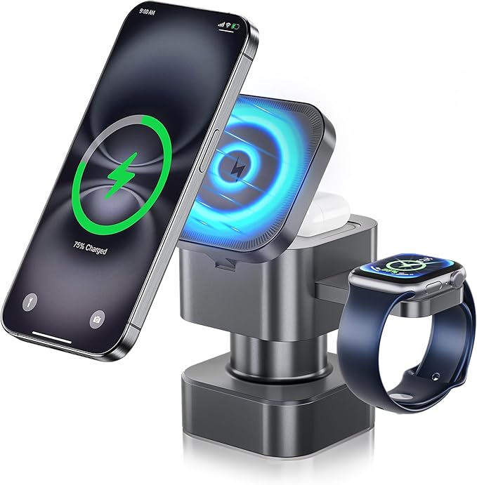 【2026 Upgraded】 QFA Wireless Charger 4 in 1 for iPhone with Night Light,Fast Magnetic Stand,Charger Station for iPhone 17/16/15/14/13/12 Pro/Max/Plus/Air Apple Watch Airpods