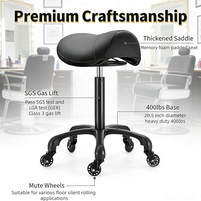 Saddle Salon Stool with Wheels,Heavy Duty Adjustable Rolling Drafting Chair for Barber, Tattoo, Nail,Spa,Dentist(Black)