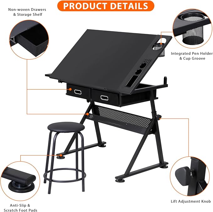JupiterForce Drafting Desks with 2 Storage Drawers, Height Adjustable Drawing Tables for Painters, Working, Writing, Home Office, Black