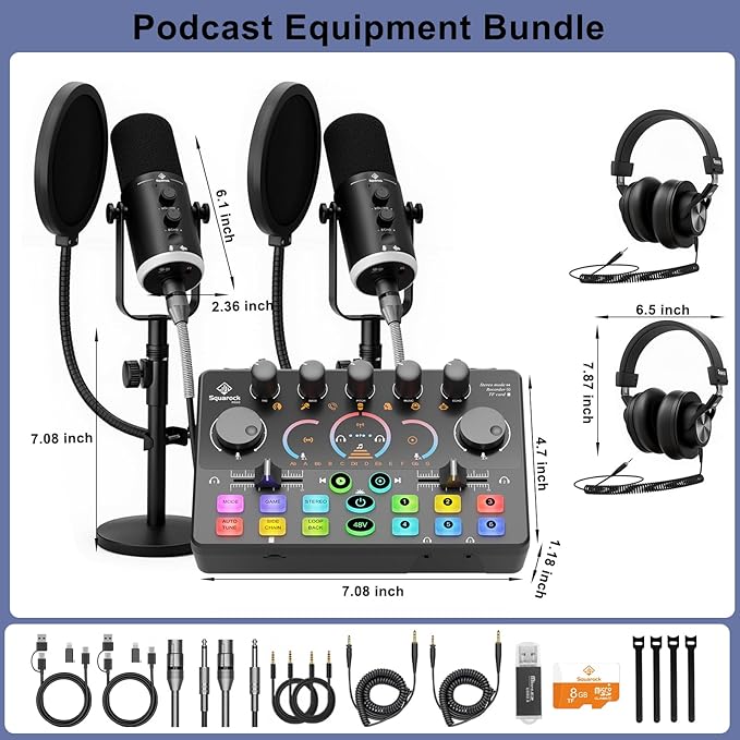 Podcast Equipment Bundle for 2, Dynamic XLR/USB Gaming Microphone & Streaming Audio Mixer with RGB Lights, Perfect for Podcast, Recording, Video Vocal, PC