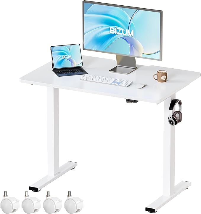 BIZUM 35.4" Small Electric Standing Desk Height Adjustable, Whole Piece Stand Up Computer Desk Work Study Writing Gaming Desks for Home Office White