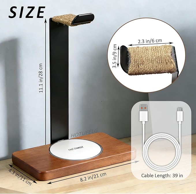 Handmade Wood Headset Stand with Fast Wireless Charging Pad- QI Wireless Charging Dock Compatible with iPhone 17/16/15/14 /Samsung Series,2-in-1 Universal Holder for All Table Headphones