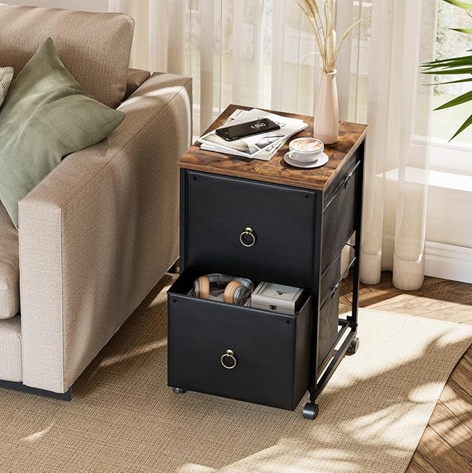 HOOBRO 2 Drawer Mobile File Cabinet, Rolling Printer Stand, Vertical Filing Cabinet, Office Drawers, Filing Cart for Home Office, A4/Letter Size, Nonwovens Drawer, Black and Rustic Brown BFK20WJ01