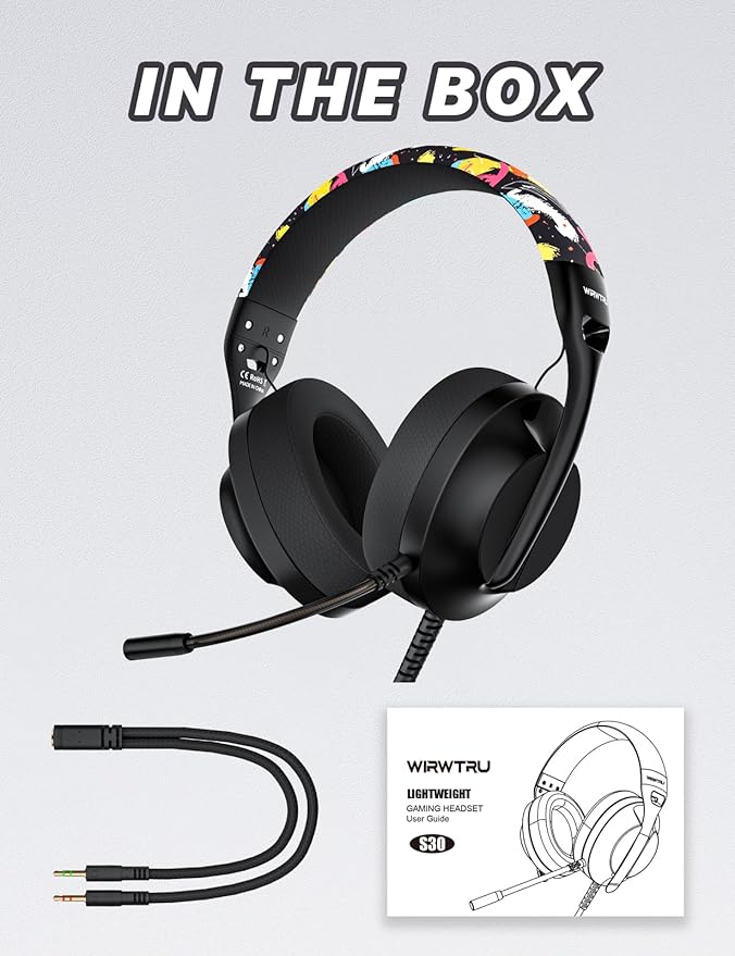WIRWTRU S30 Gaming Headset with Microphone,198g Lightweight Design, Wired Gaming Headphones for Xbox, Xbox Series X|S, PS5, PS4, Switch, PC, Noise Cancelling Mic, Soft Earmuffs (Graffiti)