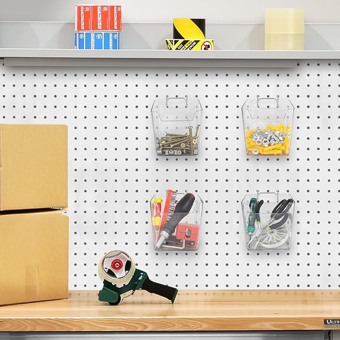 LIGHT DUST Clear Pegboard Cups with Hooks, 1/8" & 1/4" Peg Board Orangizer Accessories Aesthetic Decoration for Garage Workbench Craft Room Office Playroom Organization (4, Medium)