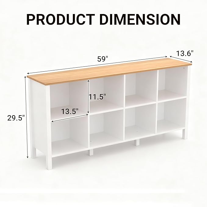 8-Cube Bookcase, Farmhouse Wooden Bookshelf Low Storage Organizer, 59" Horizontal White Console with Legs, Hallway Book Case for Entryway, Display Cabinet for Living Room (White, 8-Cube)