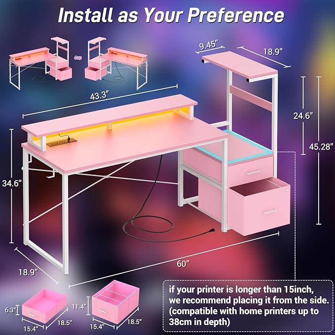 Aheaplus Gaming Desk with LED Strip & Power Outlet, 59Inch Reversible Computer Desk with Monitor Stand & Storage Shelves, Home Office Desks with Fabric File Drawer, Gamer Table PC Desk, Pink