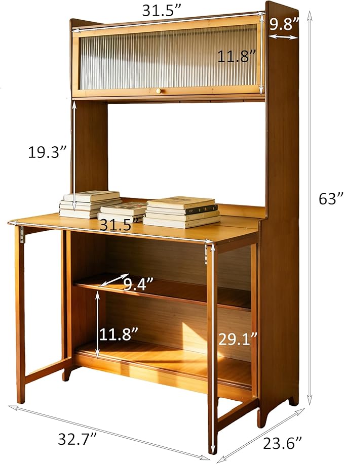 Fold-Out Convertible Office Table, Space-Saving Folding Writing Desk with Hutch & Storage Shelves, Pet-Friendly Foldable Computer Desk with Free Cat Bed for Small Spaces (Walnut1)