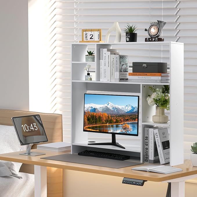 Modern Wooden Desktop Bookshelf Hutch, White Desk Organizer with 7 Shelves for Computer Desk, Vertical Storage for Small Desks, Home Office, Dorm