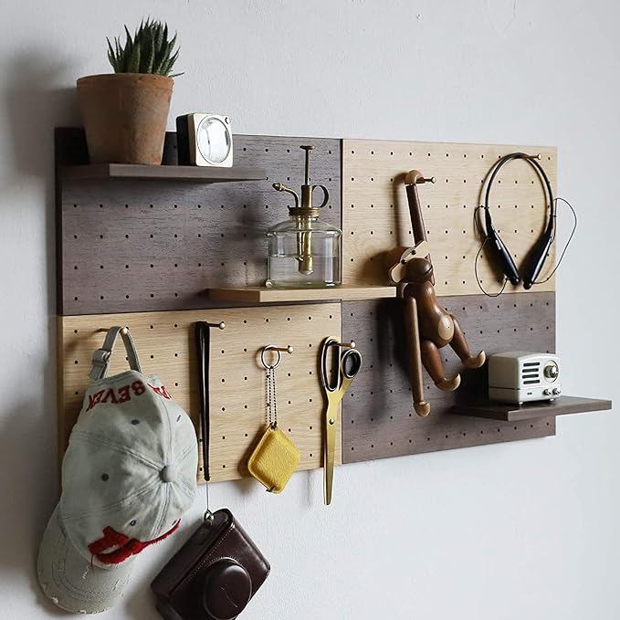 Wooden Pegboard, Sturdy Peg Board for WallsModular Grid Organizer, DlY Storage and Display Panels withShelves and Brass Hooks(Wainut Color)