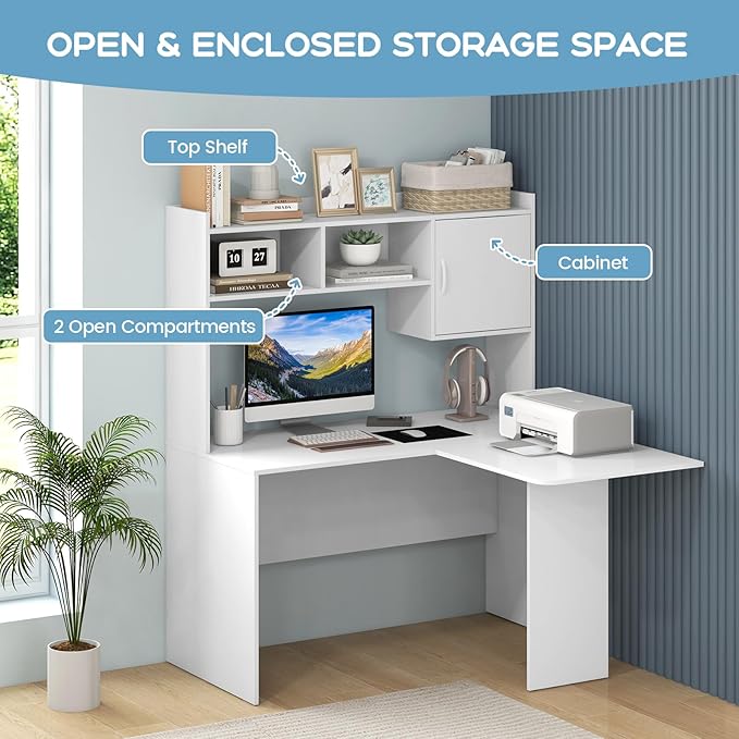 Tangkula L-Shaped Desk with Storage Hutch, Corner Computer Desk with Shelves & Cabinet, Modern Writing Study Table for Home Office, Laptop PC Workstation, White