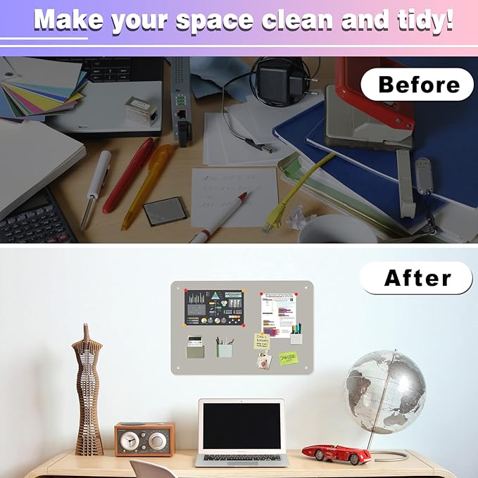 2Pack Magnetic Board,17.5" x 11.4" Magnet Bulletin Board to Display Magnetic Notes, Poetry, Photos, Suitable for Wall, Refrigerator, Cabinet etc, Come with 8 Pcs Dual Lock Tape and Screws (Gray)