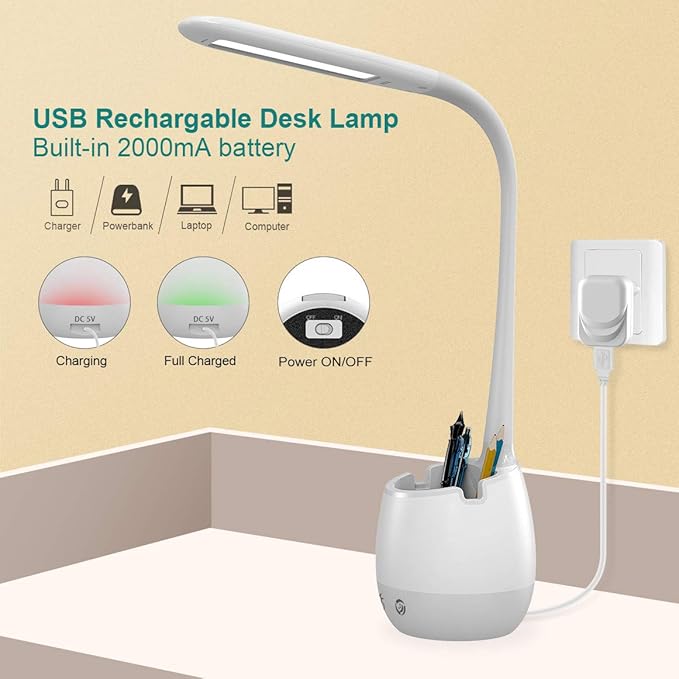 ERAY Rechargeable Desk Lamp with 3 Color Modes/8 Colors Night Light/Pen Holder, Kids LED Study Table Lamp for Home Office Dorm Reading Studying, Eye Caring, Ideal Gifts, Adapter Included