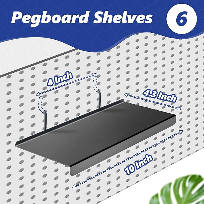 PEKGRIL 10x4.3 Inch Pegboard Shelves Set of 6, Metal Peg Board Shelves Accessories, Flat Display Shelves for Pegboard, Metal Retail Display for Storage and Organization, Black