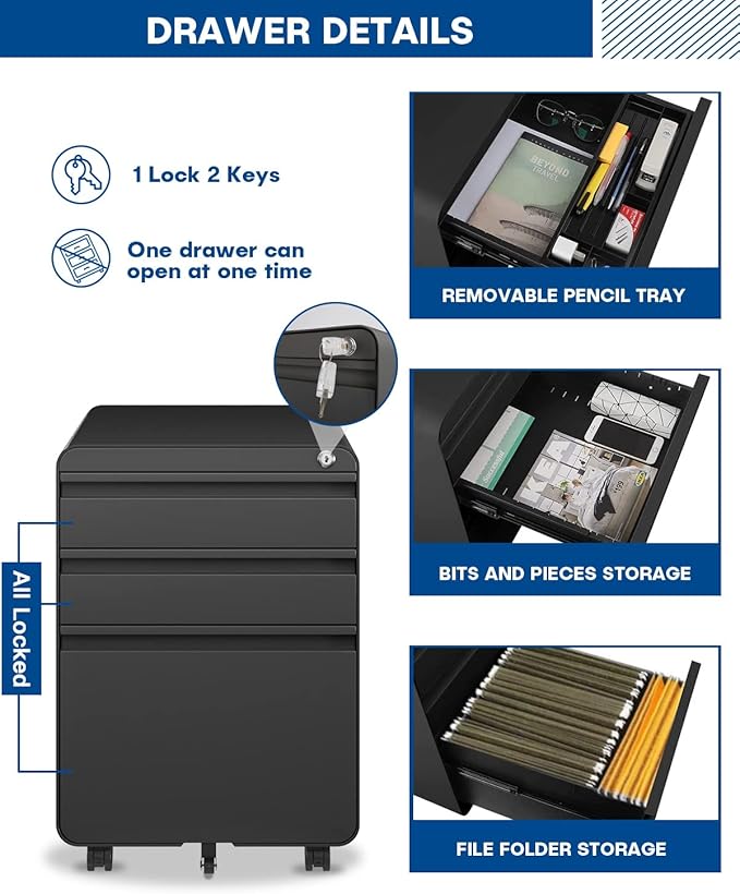 Dripex 3 Drawer Black File Cabinet, Mobile Under Desk Storage File Cabinet with Lock on Wheels, Letter/Legal Size,Fully Assembled, Small Short Vertical Metal Rolling Filing Cabinets for Home Office