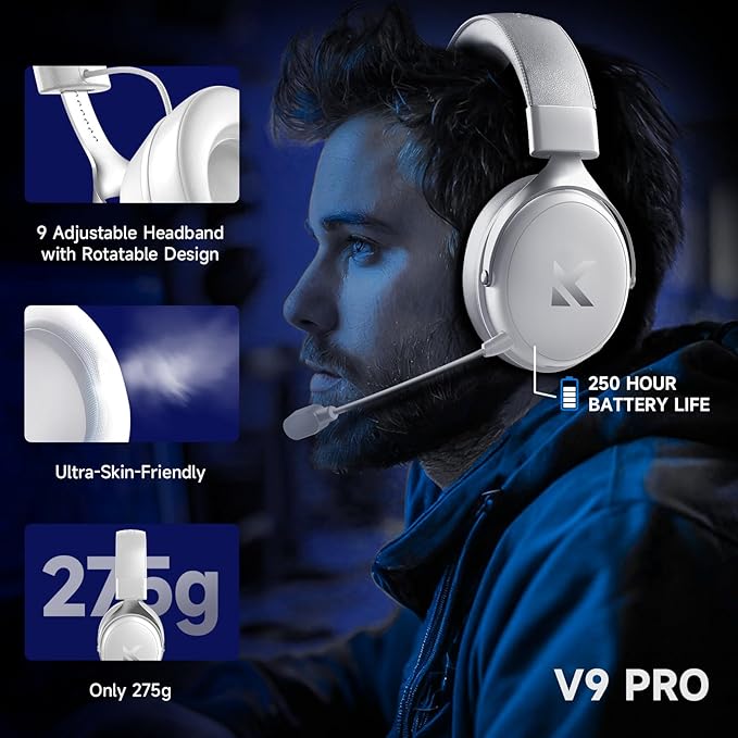V9 PRO Wireless Gaming Headset 7.1 Surround Sound for PS5 PS4 PC SWITCH TOPSPEED Gaming Headphones, Noise Canceling Mic, 250Hr Battery, Low 15ms Latency, Lightweight, BT 5.3 FPS Games Icy&White