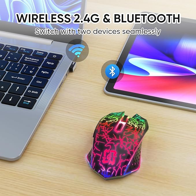 MELOGAGA Bluetooth Wireless Gaming Mouse, 2.4G Cordless RGB Rechargeable PC Game Mouse, Black
