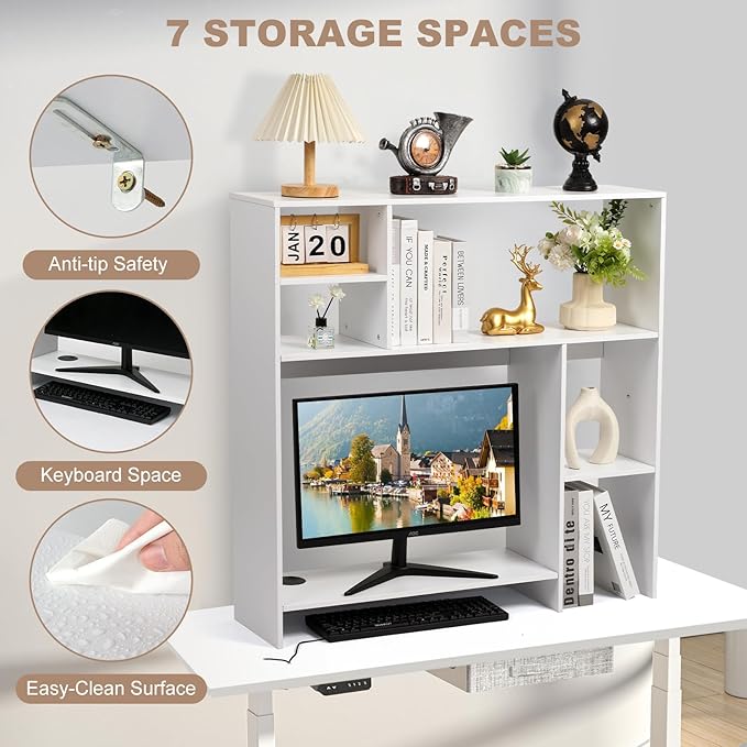 Modern Wooden Desktop Bookshelf Hutch, White Desk Organizer with 7 Shelves for Computer Desk, Vertical Storage for Small Desks, Home Office, Dorm