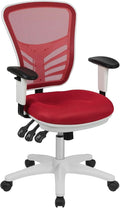 Flash Furniture Nicholas Mid-Back Red Mesh Multifunction Executive Swivel Ergonomic Office Chair with Adjustable Arms and White Frame