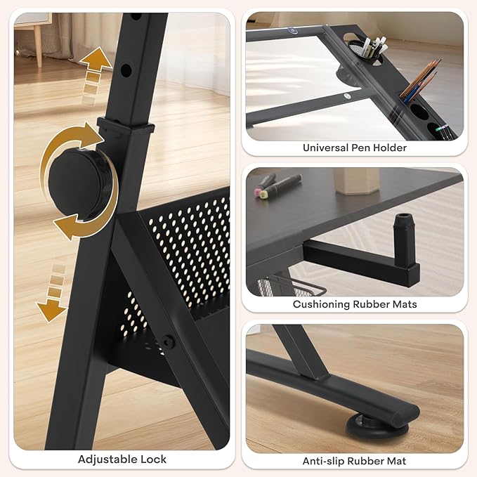 Athena Collection Drafting Table for Artists, Height Adjustable Drawing Table, Dual Desktop Art Desk Metal Frame Art Table Tiltable Craft Desk Paintings Work Station with Stool and Drawers, Black