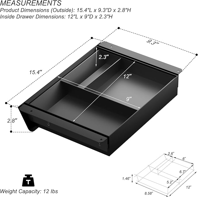 Under Desk Drawer with Removable Tray, 15.4" Wide 2-in-1 Organizer – 60° Ergonomic Tilt, 4-Compartment Insert for Pens, Phones & Cables, Ball Bearing Slides, for Home Office & Student Desk
