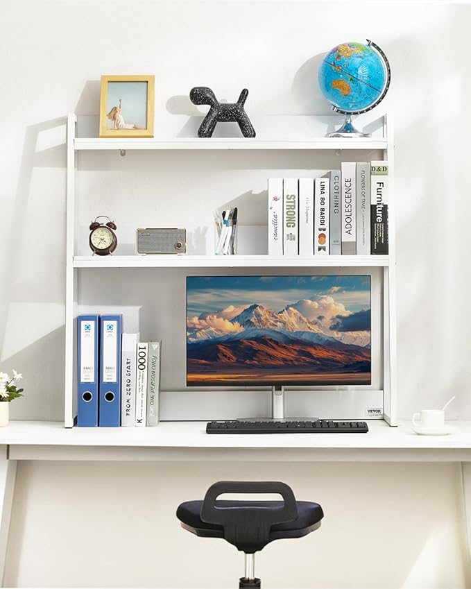VEVOR Desktop Bookshelf, 2-Tier Desktop Storage Organizer, 37.4" x 12.6" x 35.4" Office Desk Storage Rack Display Shelf, Desktop Bookshelf Hutch with Anti-Slip Feet Pads for Office, Home & Dorm, White