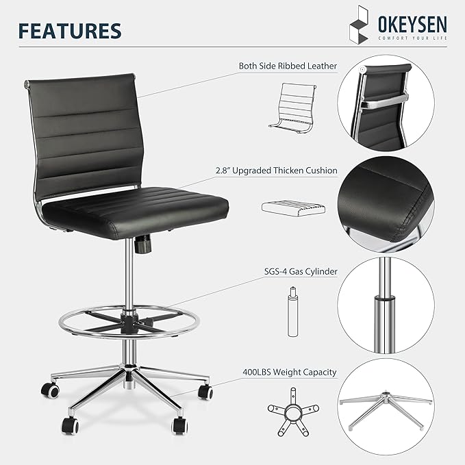 Okeysen Drafting Chair Armless Desk Stool, 400 LBS Ergonomic Leather Tall Office Chair with Adjustable Foot Ring, Modern Standing Desk Chair with Ribbed Mid Back, Swivel Rolling Drafting Stool.