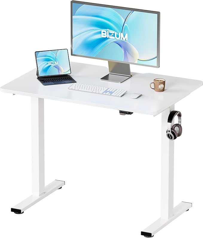 BIZUM 35.4" Small Electric Standing Desk Height Adjustable, Whole Piece Stand Up Computer Desk Work Study Writing Gaming Desks for Home Office White