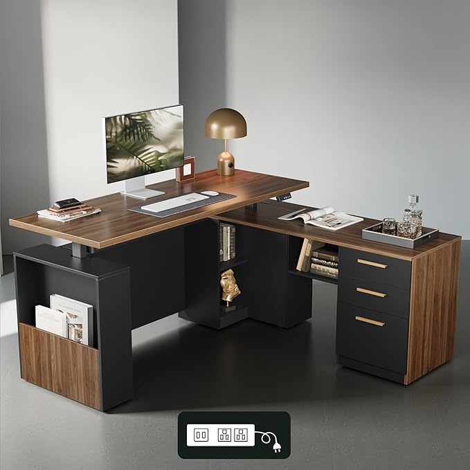 ModernMate Office Furniture Set, 63" L Shaped Standing Desk with File Cabinet, AC/USB, Office Desk Set with 73" Book Shelf, Home Office Furniture Sets, Black Walnut
