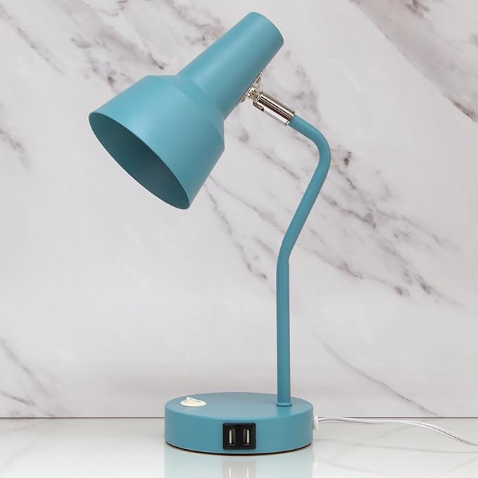 Simple Designs LD1072-CYN 15.2" Sleek Essentials Metal Cone Shade Desk Lamp with Adjustable Shade and Dual USB Ports, for Office, Desk, Nightstand, Dorm, Cyan Blue