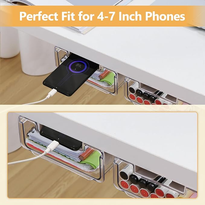 2 Pack Under Desk Storage Drawers Self-Adhesive Easy Hidden Desktop Organizer, Attachable Clear Acrylic Storage Tray Under Table Drawer for Home Office School Counters Workstation