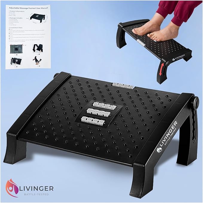 Livinger Foot Stool – Adjustable Foot Rest with 6 Height Settings – Under-Desk Support with Non-Slip Legs – Ergonomic Foot Roller – Sturdy Design for Office or Home