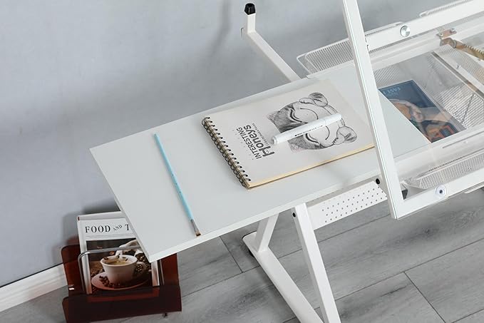GDFStudio Height & Angle Adjustable Drafting Table with Stool, Tempered Glass Art Craft Desk with 2 Metal Storage Drawers, Diamond Painting Drawing Table Workstation for Home Office Studio, White