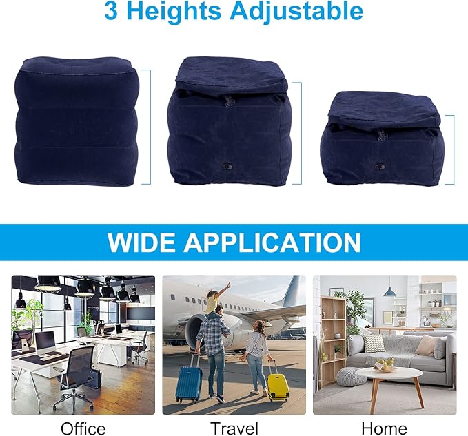 PATIKIL Travel Foot Rest Pillow, Inflatable Foot Rest Mat Adjustable 3 Layers Height Sleep Flights Leg Rest Pillow for Airplane Train Office, Navy Blue