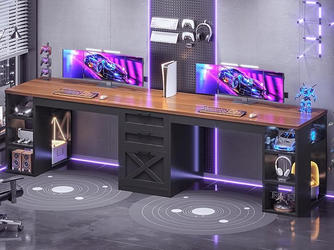 SEDETA Farmhouse 96.5" Office Desk with Drawers, 2 Person Gaming Desk with Storage, Double Computer Desk with Storage Drawers, Long Two Person Writing Desk, Black