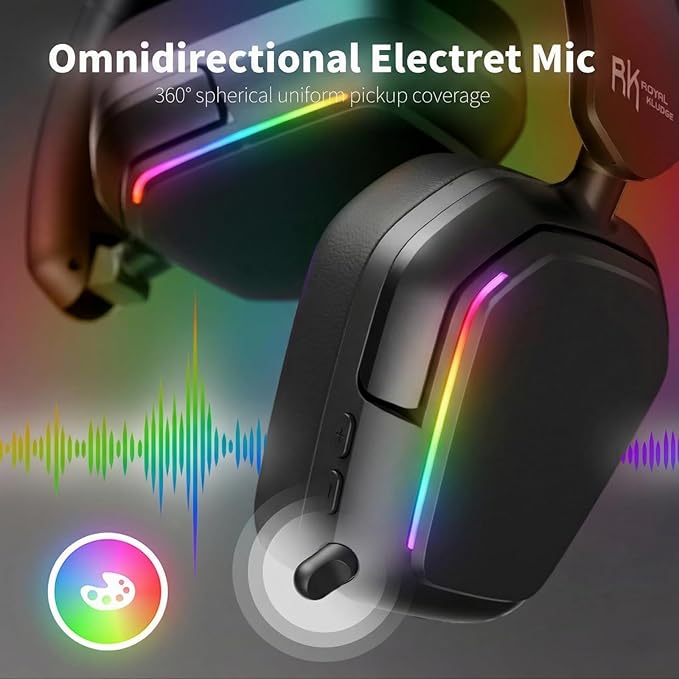 RK ROYAL KLUDGE HG101 Wireless Gaming Headset, 7.1 Surround Sound, Stereo Wired Headphones with Retractable Mic, Bluetooth 5.3, RGB, Memory Foam Ear Pads, Works with PC, PS4, PS5, Switch, Black