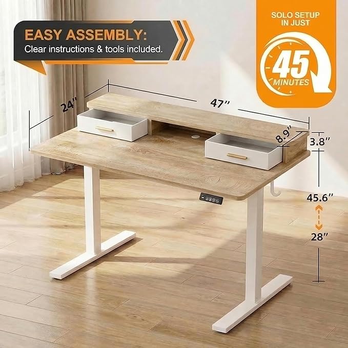 Grandder Electric Standing Desk with Two Drawers, Sit to Stand Up Height Adjustable Desk with Storage Shelf for Home Office, 48 * 24 Inch, Study, Ergonomic Adjustable Computer Desk, Oak