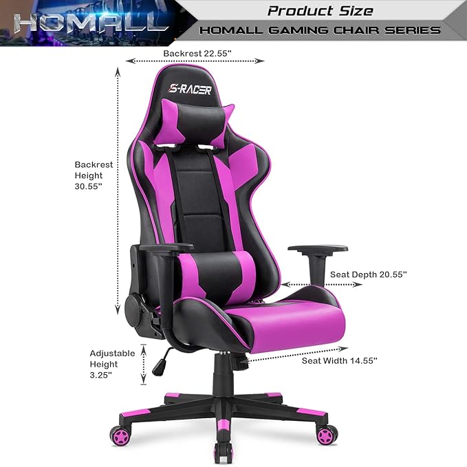 Homall Gaming Chair, Office Chair High Back Computer Chair Leather Desk Chair Racing Executive Ergonomic Adjustable Swivel Task Chair with Headrest and Lumbar Support (Violet)
