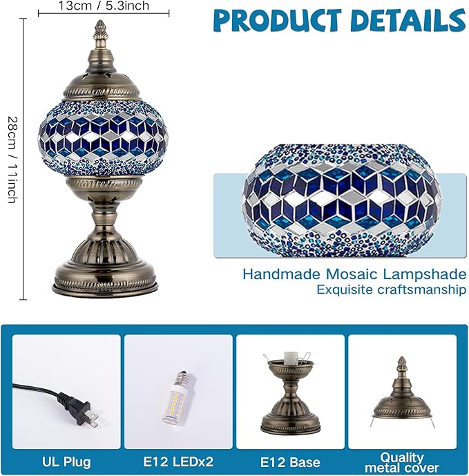 GOGERS Turkish Moroccan Table Lamp Lantern with Handmade Mosaic Glass Lampshade Tiffany Style Bohemian Stained Glass Decorative Desk Lamps Bedside Night Lights for Bedroom (Multiple Blues)