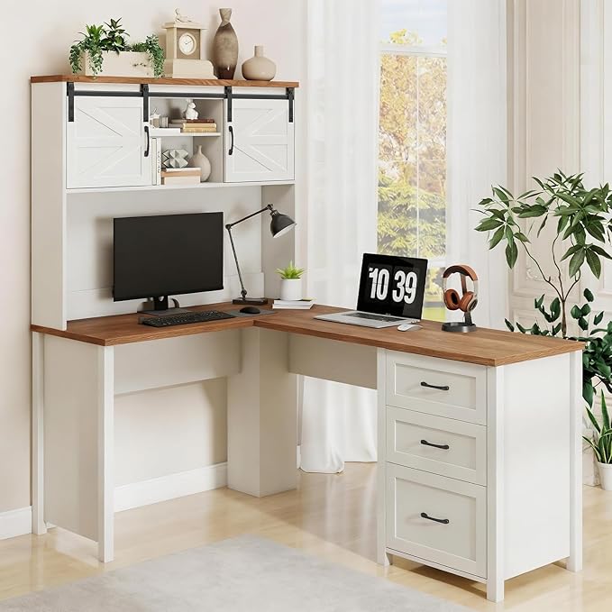 Vabches Farmhouse 68" H L Shaped Desk with Hutch,Office Table with 3 Drawers and Sliding Doors, Executive Desk with File Drawers, Wood Workstation for Home Office and Study
